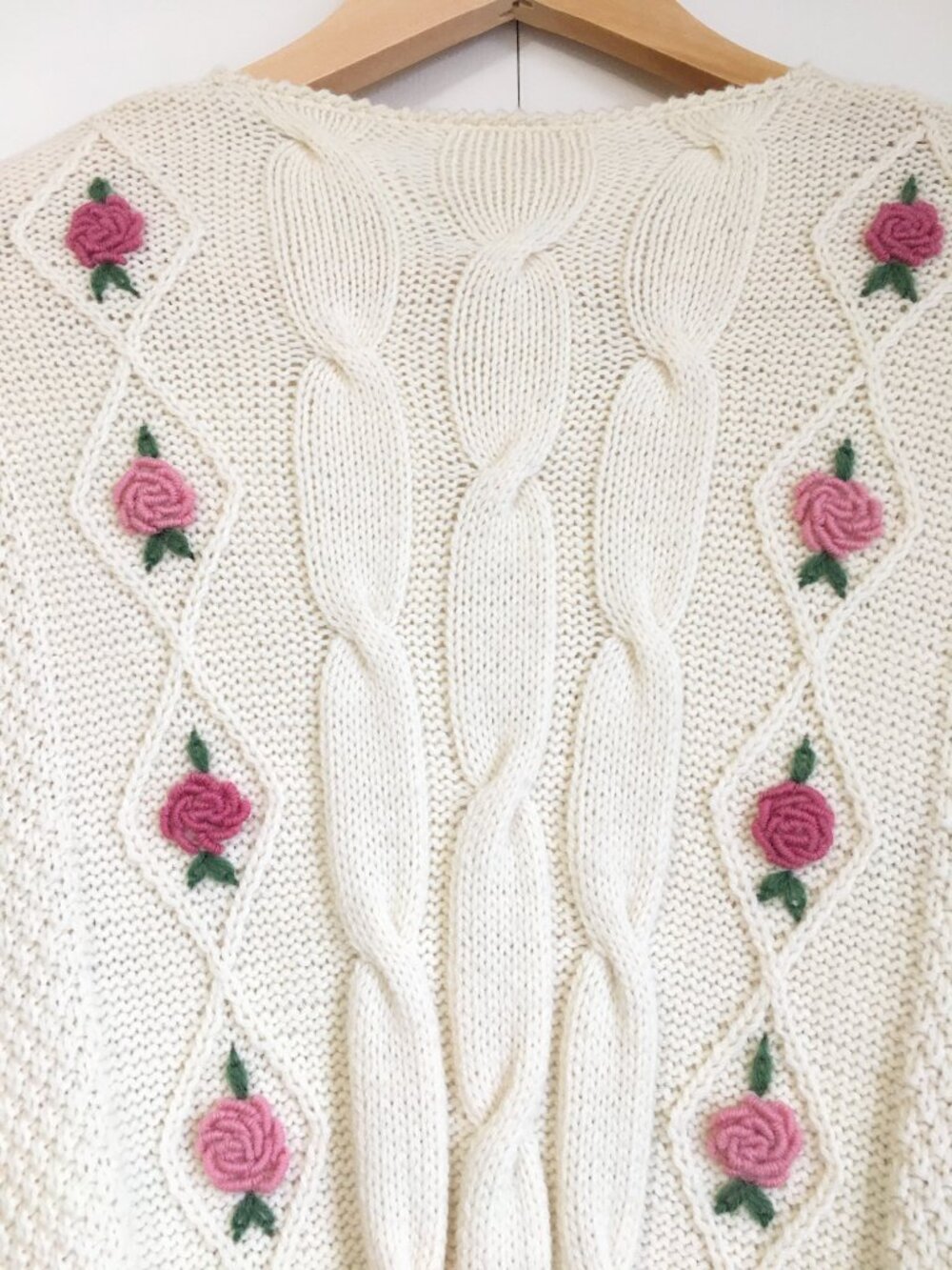 Vintage Hand-Knit 3D Rose Cardigan Sweater Cream Cottagecore Mori Kei - Picture 10 of 16